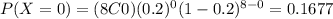P(X=0)=(8C0)(0.2)^0 (1-0.2)^{8-0}=0.1677