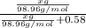 \frac{\frac{xg}{98.96g/mol}}{\frac{xg}{98.96g/mol}+0.58}