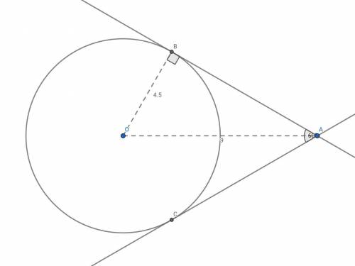 Acircle k(o) with radius 4.5 cm is given. through point a (oa=9 cm) draw two tangents to the circle.