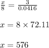 \frac{x}{8} = \frac{3}{0.0416}\\\\x = 8 \times 72.11\\\\x = 576