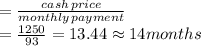 =\frac{cash\thinspace price}{monthly\thinspace payment}\\=\frac{1250}{93}=13.44\approx14 months
