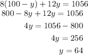 8(100-y)+12y=1056\\\begin{aligned}800-8y+12y=1056\\4y=1056-800\\4y=256\\y=64\\\end