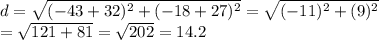 d = \sqrt{(-43 + 32)^2 + (-18 + 27)^2} = \sqrt{(-11)^2 + (9)^2} \\ = \sqrt{121 + 81} = \sqrt{202} = 14.2