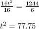 \frac{16t^2}{16} =\frac{1244}{6}\\\\t^2 = 77.75