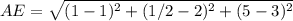 AE=\sqrt{(1-1 )^{2} +(1/2-2)^{2}+(5-3 )^{2}} \\