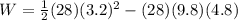 W = \frac{1}{2} (28)(3.2)^2 - (28)(9.8)(4.8)