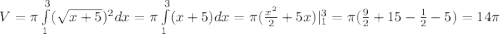 V=\pi\int\limits^3_1(\sqrt{x+5})^2dx=\pi\int\limits^3_1(x+5)dx=\pi(\frac{x^2}{2}+5x)|^3_1=\pi(\frac{9}{2}+15-\frac{1}{2}-5)=14\pi