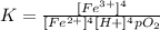 K =\frac{[Fe^{3+}]^{4}}{[Fe^{2+}]^{4}[H+]^{4}pO_{2}}