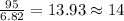 \frac{95}{6.82} = 13.93 \approx 14