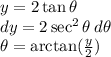 y = 2 \tan \theta\\dy = 2 \sec^2\theta\:d\theta\\\theta=\arctan(\frac{y}{2})