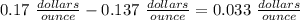 0.17\ \frac{dollars}{ounce}-0.137\ \frac{dollars}{ounce}=0.033\ \frac{dollars}{ounce}