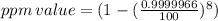 ppm\,value = (1 - (\frac{0.9999966}{100} )^8 )