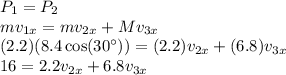 P_1 = P_2\\mv_{1x} = mv_{2x} + Mv_{3x}\\(2.2)(8.4\cos(30^\circ)) = (2.2)v_{2x} + (6.8)v_{3x}\\16 = 2.2v_{2x} + 6.8v_{3x}