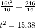 \frac{16t^2}{16}=\frac{246}{16}\\\\t^2 = 15.38