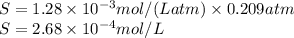 S=1.28\times 10^{-3} mol/(Latm)\times 0.209atm\\S=2.68\times 10^{-4} mol/L