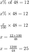 x \% \text{ of } 48 = 12\\\\x \% \times 48 = 12\\\\\frac{x}{100} \times 48 = 12\\\\x = \frac{12 \times 100}{48}\\\\x = \frac{1200}{48} = 25
