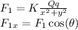 F_1 = K\frac{Qq}{x^2 + y^2}\\F_1_x = F_1\cos(\theta)