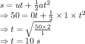 s=ut+\frac{1}{2}at^2\\\Rightarrow 50=0t+\frac{1}{2}\times 1\times t^2\\\Rightarrow t=\sqrt{\frac{50\times 2}{1}}\\\Rightarrow t=10\ s