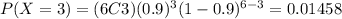 P(X=3)=(6C3)(0.9)^3 (1-0.9)^{6-3}=0.01458