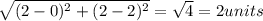 \sqrt{(2-0)^2+(2-2)^2} =\sqrt{4}=2 units