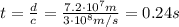 t=\frac{d}{c}=\frac{7.2\cdot 10^7 m}{3\cdot 10^8 m/s}=0.24 s