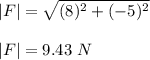|F| = \sqrt{(8)^2 + (-5)^2}  \\\\|F| = 9.43 \ N\\\\