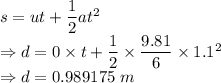 s=ut+\dfrac{1}{2}at^2\\\Rightarrow d=0\times t+\dfrac{1}{2}\times \dfrac{9.81}{6}\times 1.1^2\\\Rightarrow d=0.989175\ m
