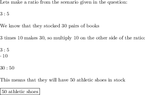 \text{Lets make a ratio from the scenario given in the question:}\\\\3:5\\\\\text{We know that they stocked 30 pairs of books}\\\\\text{3 times 10 makes 30, so multiply 10 on the other side of the ratio:}\\\\3:5\\\cdot10\\\\30:50\\\\\text{This means that they will have 50 athletic shoes in stock}\\\\\boxed{\text{50 athletic shoes}}