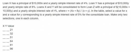 Loan x has a principal of $10,000x and a yearly simple interest rate of 4%. loan y has a principal o
