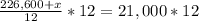 \frac{226,600+x}{12}*12=21,000*12