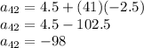 a_{42}=4.5+(41)(-2.5)\\a_{42}=4.5-102.5\\a_{42}=-98