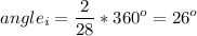 \displaystyle angle_i=\frac{2}{28}*360^o=26^o