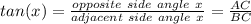 tan(x)=\frac{opposite\ side\ angle\ x}{adjacent\ side\ angle\ x}=\frac{AC}{BC}