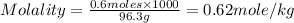 Molality=\frac{0.6moles\times 1000}{96.3g}=0.62mole/kg