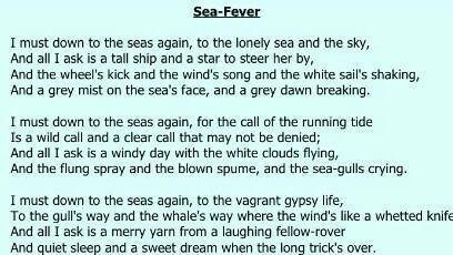 In two to four sentences, write an analysis explaining how john masefield’s poem sea fever” is writ