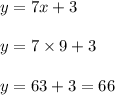 y =7x+3\\\\y=7\times9+3\\\\y=63+3 =66