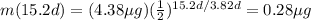 m(15.2 d) = (4.38 \mu g) (\frac{1}{2})^{15.2d/3.82 d}=0.28 \mu g
