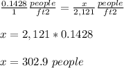 \frac{0.1428}{1}\frac{people}{ft{2}}=\frac{x}{2,121}\frac{people}{ft{2}} \\ \\x=2,121*0.1428\\ \\x=302.9\ people