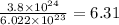 \frac{3.8\times 10^{24}}{6.022\times 10^{23}}=6.31