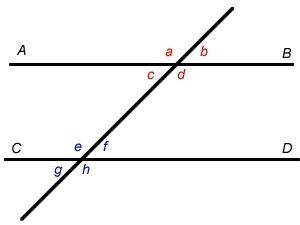 ∠a and ∠e are  angles. a) perpendicular  b) corresponding  c) complementary  d) alternate interior
