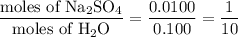 \dfrac{\text{moles of Na$_{2}$SO$_{4}$}}{\text{moles of H$_{2}$O}} = \dfrac{0.0100}{0.100} = \dfrac{1}{10}