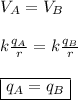 V_{A}= V_{B} \\ \\ k\frac{q_{A}}{r}=k\frac{q_{B}}{r} \\ \\ \boxed{q_{A}=q_{B}}