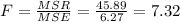 F = \frac{MSR}{MSE} =\frac{45.89}{6.27}=7.32