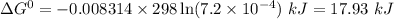 \Delta{G^0} =-0.008314\times 298 \ln(7.2\times 10^{-4})\ kJ=17.93\ kJ