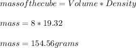 mass of the cube = Volume*Density\\\\ mass = 8*19.32 \\\\mass = 154.56 grams