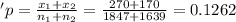 'p= \frac{x_1+x_2}{n_1+n_2}= \frac{270+170}{1847+1639} = 0.1262