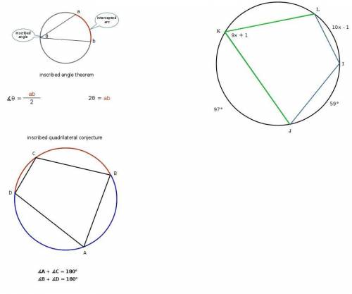 Given:  klij is inscribed in circle k(o) m∠k = (9x+1)°,  m (arc) li = (10x−1)°  m (arc) ij = 59°,  m