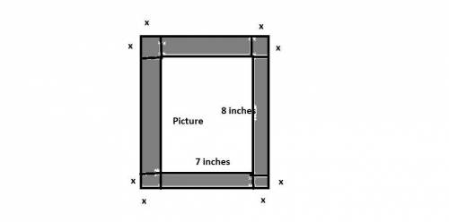 Alistair has a rectangular picture measuring 8 inches by 7 inches. he makes a frame for the picture,