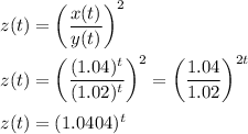 z(t) =\bigg(\displaystyle\frac{x(t)}{y(t)}\bigg)^2\\\\z(t) =\bigg( \frac{(1.04)^t}{(1.02)^t}\bigg)^2 = \bigg(\frac{1.04}{1.02}\bigg)^{2t}\\\\z(t) = (1.0404)^t