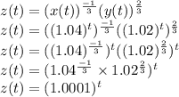 z(t) = (x(t))^{\frac{-1}{3}}(y(t))^{\frac{2}{3}}\\z(t) = ((1.04)^t)^{\frac{-1}{3}}((1.02)^t)^{\frac{2}{3}}\\z(t) = ((1.04)^{\frac{-1}{3}})^t((1.02)^{\frac{2}{3}})^t\\z(t) = (1.04^{\frac{-1}{3}}\times 1.02^{\frac{2}{3}})^t\\z(t) = (1.0001)^t